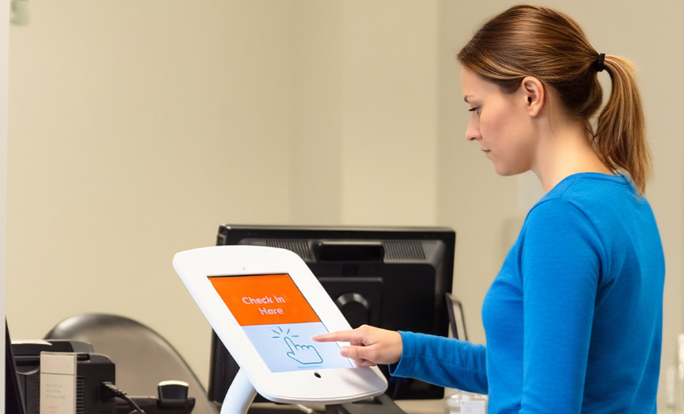 Woman at kiosk checking on at a health center